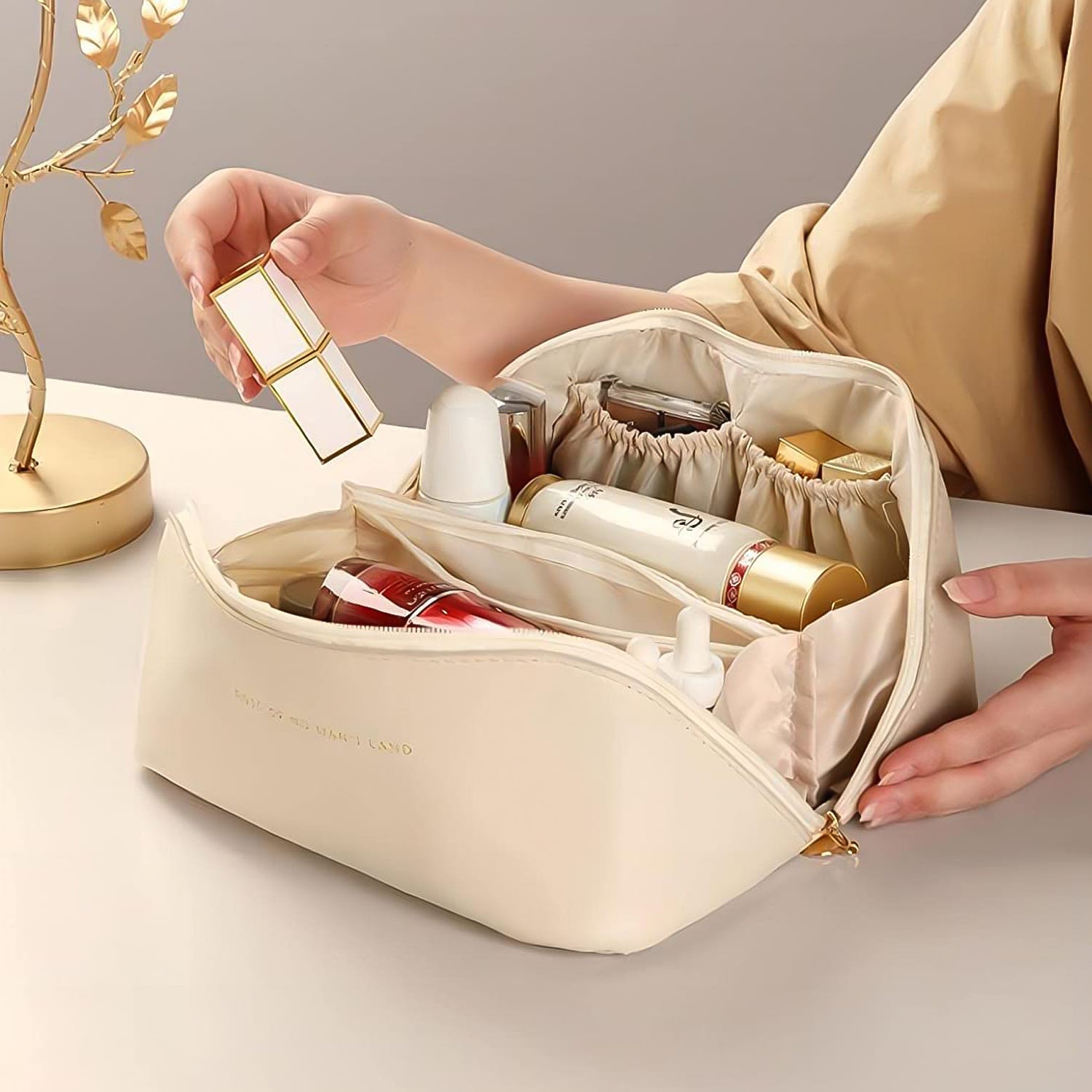 Premium Cream Travel Makeup  Toiletry Organizer Pouch With Zipper  Handle (1 Pc) Premium Cream Travel Makeup  Toiletry Organizer Pouch With Zipper  Handle (1 Pc)